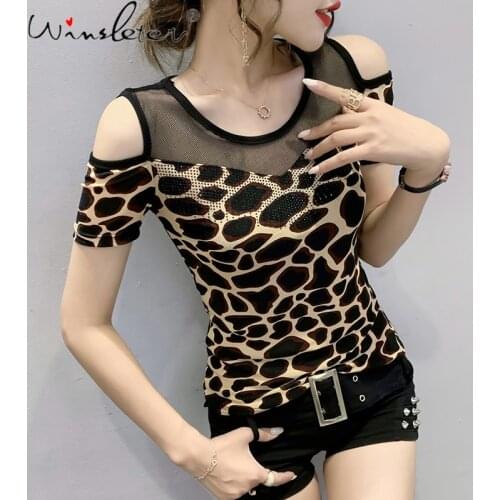 Summer European Clothes T-Shirt Chic Sexy Off Shoulder Shiny Diamonds Leopard Patchwork Women Tops Short Sleeve Tees New T15215A
