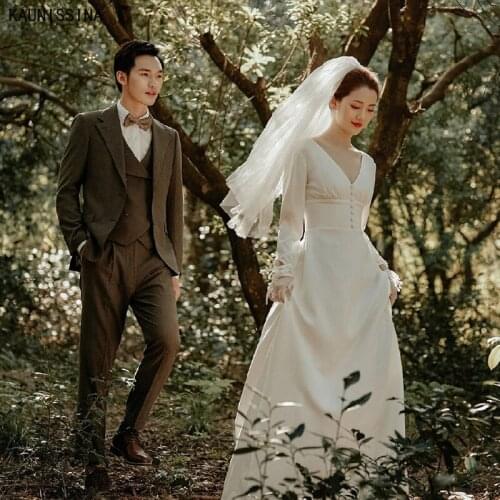 KAUNISSINA Elegant A-Line Wedding Dresses Women Long Sleeves Satin Boho Bridal Gowns Vestido De Novia White Wedding Party Dress