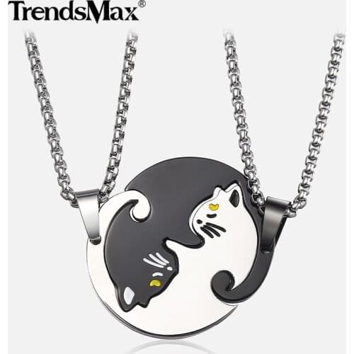 Couple Cat Pendant Necklace for Men Women Puzzle Black Stainless Steel Pendant Wholesale Jewelry Valentines Gift KP640