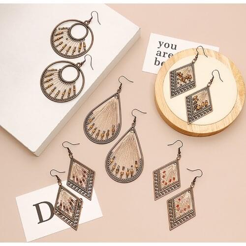 Hot Sale Bohemia Women Drop Earrings Antique Copper Color Geometric Earrings Weddings Jewelry Gifts For Female 2021 , 1 Pair