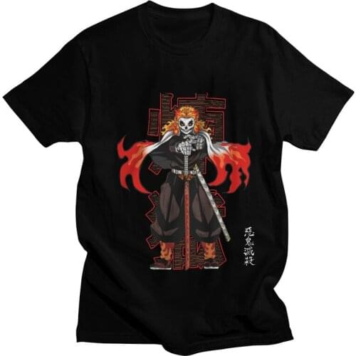 Male Kyojuro Rengoku Skull T-Shirt Novelty Anime Manga Demon Slayer Tshirt Short Sleeve Unique T Shirt Cotton Tee Tops Clothing