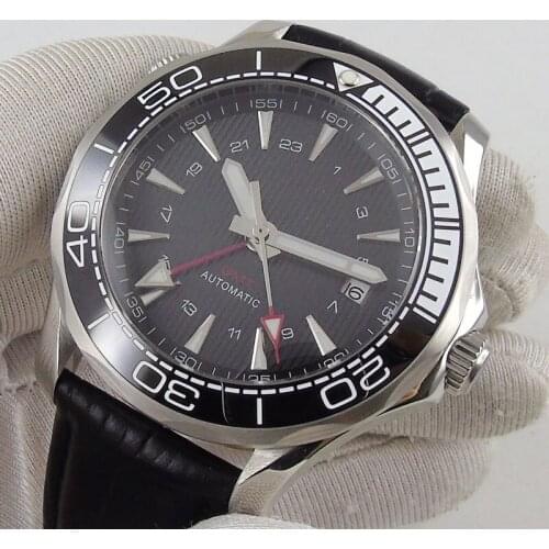 41mm Self Winding Men Watch Automatic GMT Movement transparent back Sapphire Glass Leather Strap Date Window