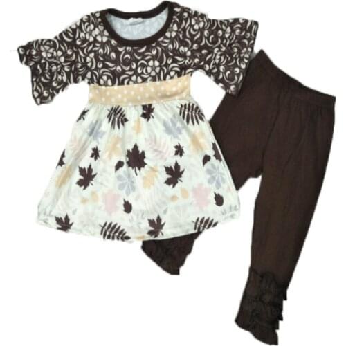 Wholesale/retail baby girls flower leaf outfits flare sleeve top+coffee color pants 2 pcs set childrens clothing gxj