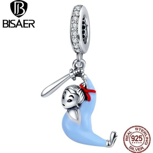 BISAER Martial Arts Girls Charm 925 Sterling Silver Blue Bead Pendant DIY Bracelets Necklace Original Design Jewelry ECC1570