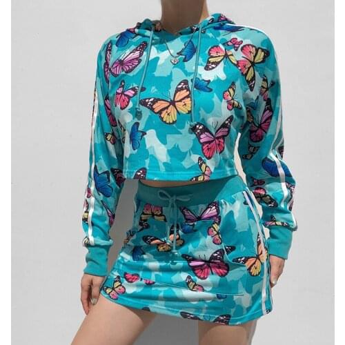 Butterfly Tie-dye Printing Casual Autumn Two-piece Womens Short Hooded Top and Mini Skirt Suit Set Fashionable Y2K Sportswear