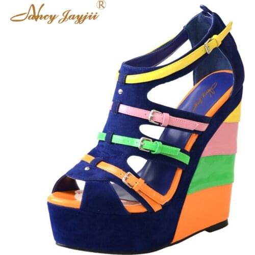 Wedges Super High Platform Gladiator Blue Multi Girl Sandals Summer Boots Women Shoes Flock Stylish Heels Womens Shoes Size 17