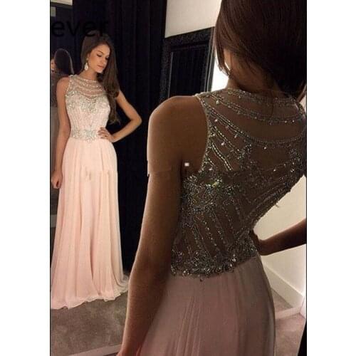 Real Photos Prom Dress 2019 Illusion Neck Sleeveless Cover Back Chiffon Crystal Bridesmaid Dresses