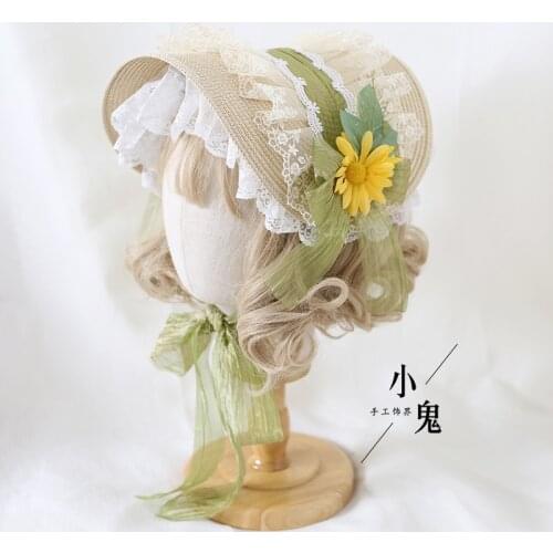 Elegant Lolita Bonnet Hat with Ruffled Lace Trimming Sweet Straw Hat