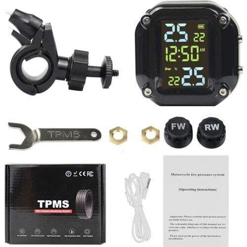 USB Motorcycle TPMS Motor Tire Pressure Tyre Temperature Monitoring Alarm System with 2 External Sensors USB Charging motos