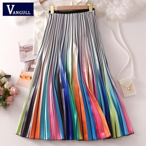 Vangull Fashion Rainbow Printted Women Skirts Elastic Band Waist Pleated Skirts Female High Waist Elegant Mid Calf Long Skirts