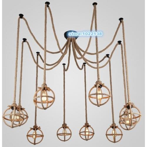 Vintage Industrial American Style Retro Spider Chandelier Hemp Rope Pendant Lamp For living Dinning Coffee Bar restaurant Decor