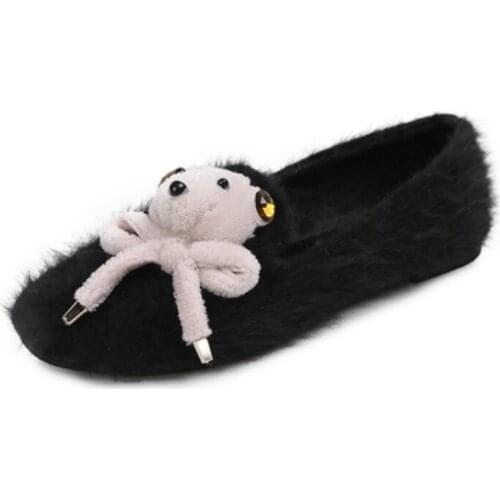 2019 Annual Promotion Winter Artificial Fur Flats Round Toe Bear Toy Bow -Knot Cute Shoes Warm Plus Size 43-35 Black White Comfy