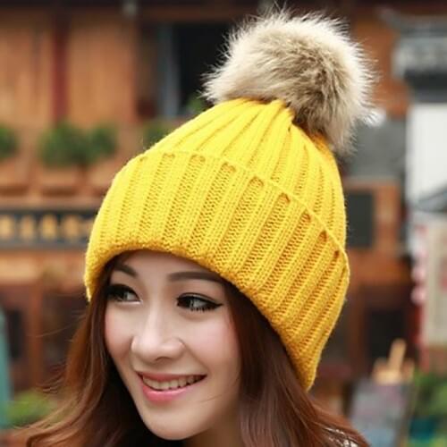 2020 Winter Brand Womens Solid Color Hat Outdoor Pure Cotton Warm Knit Cute Rabbit Fur Ball Beanie Ladies Wild Plush Woolen Hat