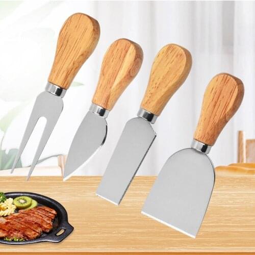 4 Cheese Knives Set Cheese Cutlery Steel Stainless Cheese Slicer Cutter Wood Handle Mini Knife,Butter Knife,Spatula& ForK
