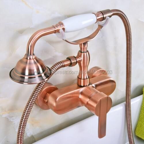 Antique Red Copper Bathroom Faucet Mixer Tap Wall Mounted Hand Held Shower Head Kit Shower Faucet Sets Kna320