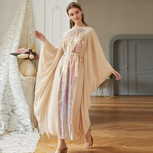 Beige Butterfly-Sleeve Colorful Squins Party Dress Middle East Ramadan Muslim Dress Arab Womens Robe Chiffon Belt Bow Vestioes