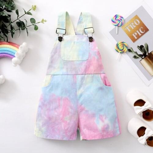 Children Tie-dye Denim Suspender Pants Girls Sleeveless Square Collar Short Overalls Jumpsuit with Pockets 12M-4T
