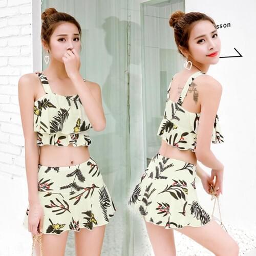 Women Leaf Print Ruffled Hem Crop Top Camisole Mini Skirt Bikini Set Swimwear 2020