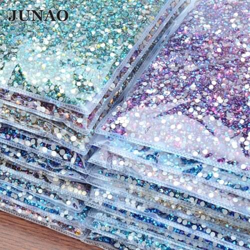 JUNAO Wholesale Aquamarine Glitter Glass Rhinestone Applique Flat Back Round Diamond Non Hotfix Crystal Strass Nail Stones