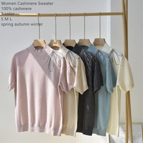 Naizaiga 100% cashmere Mock-neck Solid short Sleeve Chain coiled cashmere Summer loose blouse women Pullovers Sweater , PRFS144