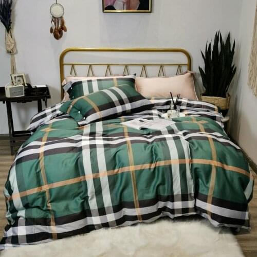 4 pieces fresh bed sheets spring summer 60S Cotton Sateen duvet cover set King Queen size tropical green plaid bedding spread