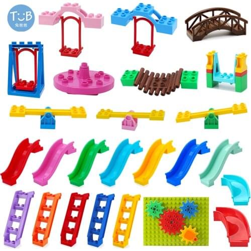 Blocks Amusement Park Accessory Slide Ladder Swing Seesaw Carousel Big Large-particle City Building Childrens Gift Bricks Toy
