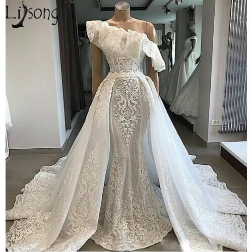 Real Image 2019 Lace Mermaid Wedding Dresses With Detachable Train One Shoulder Dubai Bridal Gowns Robe De Mariee