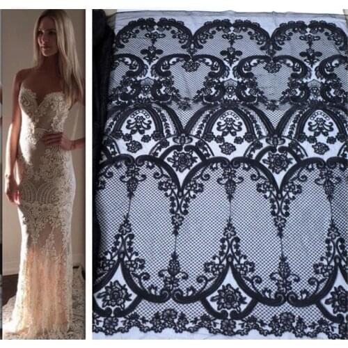 La Belleza Hot hot Ivory/black Polyester on mesh embroidered wedding dress lace fabric 51'' width 1 yard