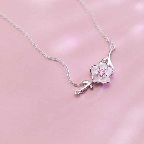 MloveAcc 925 Sterling Silver Jewelry Peach Blossom Clavicle Chain Necklace Elegant Pink Zircon Necklaces & Pendant for Women