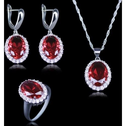 Rose Red Garnet White Zircon Princess Wedding Jewelry Sets Silver Color Women Earrings Ring Necklace Pendant Bracelets