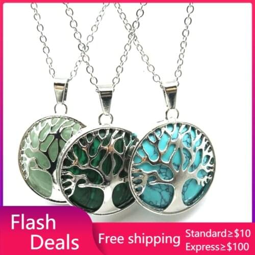 Tree of Life Necklaces Round Natural Stone Pink Quartz White Crystal Lapis Lazuli Tiger Eye Opal Pendants Jewelry