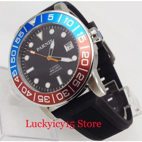 PARNIS 42mm Automatic Mens Watch Auto Date Sapphire Glass Blue Red Bezel Self Winding Mens Watch