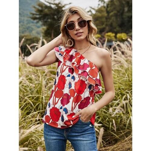 Sexy Backless Floral One Shoulder Shirts For Women Ruffles Elastic Shirts Sleeveless Tops Ladies Summer Clothes 2021 Fashion