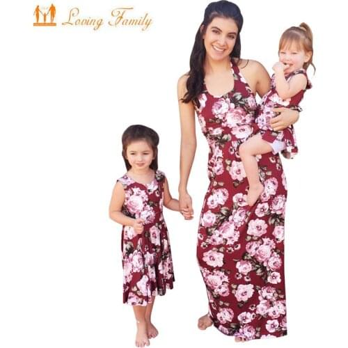 Mother Daughter Dress Floral Print Matching Clothes Mom Kids Parent Sleeveless Maxi Long Dress Womens Clothing Matching Outfits