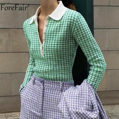 Forefair Houndstooth Print Knitted Pullovers Women Long Sleeve Autumn Winter Y2k Green Fashion Casual Sweater Top 2021