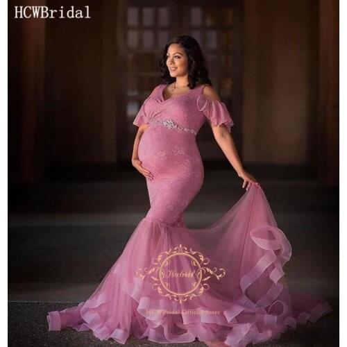 Dusty Rose Lace Pregnant Women Evening Dress V Neck Short Sleeves Mermaid Maternity Dresses For Photo Shoot Plus Size Prom Gowns
