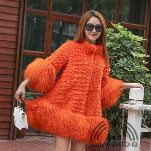 Real natural genuine rabbit fur coat with lamb fur cuff and hem womens fashion loose style 3/4 sleeve jacket warm winter