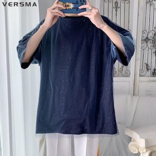 VERSMA Japanese Harajuku Gradient Starry Sky Mesh T-shirt Men Summer Oversized Net Yarn Fake Two Piece T-shirt Men Dropshipping