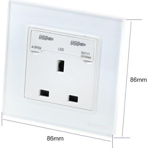 High quality wall type 86 British standard socket with USB phone charging toughened glass panel gb 13A