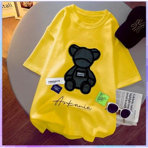 Embroidery Little Bear Short Sleeved T-shirt Women Cotton Korean Loose T-shirts Female Student Clothes 2021 Summer Retro Top