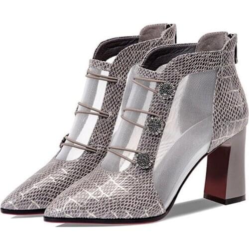 Shoes Woman 2021 New Spring and Summer Thick Heel Pointed Toe Breathable Mesh Womens Mid-heel Rhinestone Hollow Toe Sandals