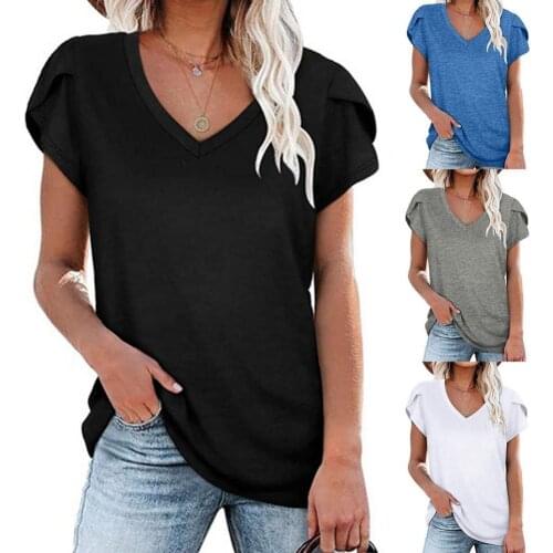 New Fashion V-neck Petal Sleeve Solid Color Tops Loose Short Sleeve T-shirt Casual Oversize Pullover Women Summer Solid Tshirt