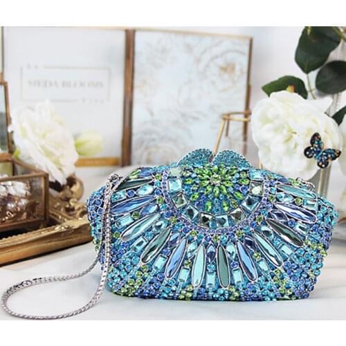 XIYUAN Silver Metal Mini Blue Rhinestone Evening Clutch Bag Best Gift Chain Women Crystal Party Fashion Prom Shoulder Handbags