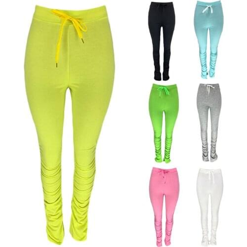 Women High Waist Drawstring Stacked Leggings Solid Color Bell Bottom Flare Pants Ruched Split Hem Sport Sweatpants