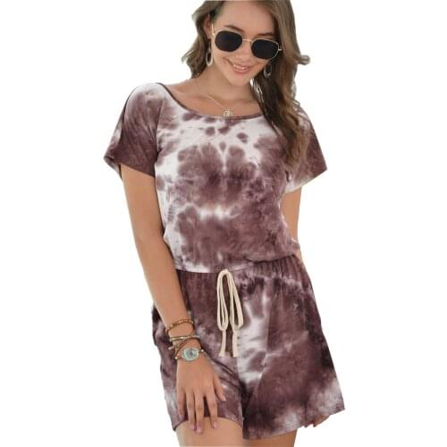 Women Summer Playsuits Short Sexy Tie-dye Jumpsuit Girls Dark Brown Cotton Romper Loose Lace Up Beach Plus Size Playsuit Ladies