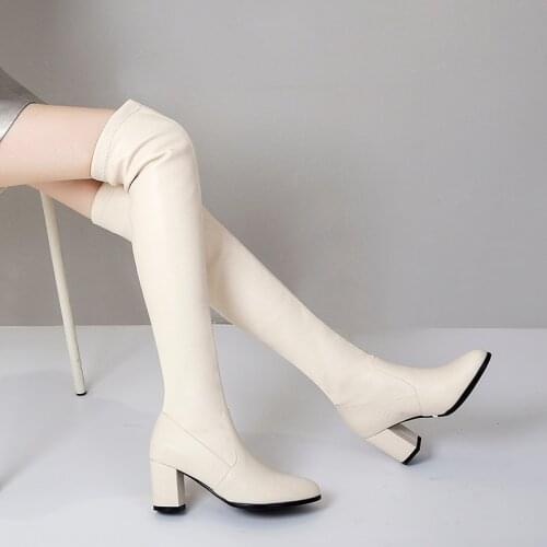 2021 New Winter Women Boots Faux Leather Slip on Knee High Boots Fashion Pointed Toe Thick High Heel Autumn Shoes Woman 34 37 38