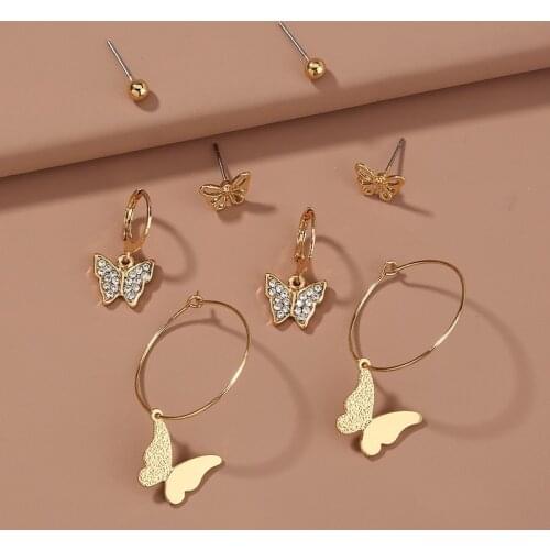 Origin Summer Temperament Shiny Rhinestone Butterfly Dangle Earring for Women Ladies 3 Spiece Set Metallic Earrings Accessories