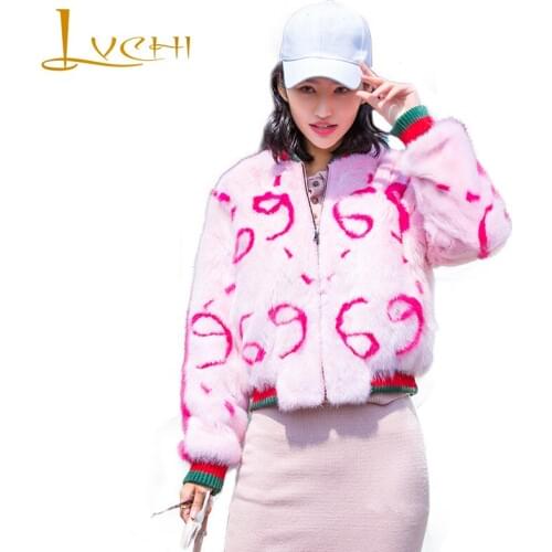 LVCHI Winter 2019 Swan Velvet Real Mink Fur Coats Womens O-Neck Coat Full Pelt Causal Contrast Color Letter Short Mink Coats