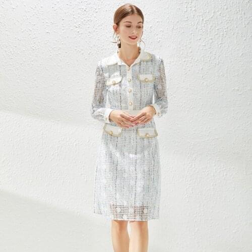 Autumn Women Single-Breasted Ladies Turn Down Collar Long Sleeve Pearl Buttons Sky Blue Lace Flower Chic Knee Lenght Office Dres