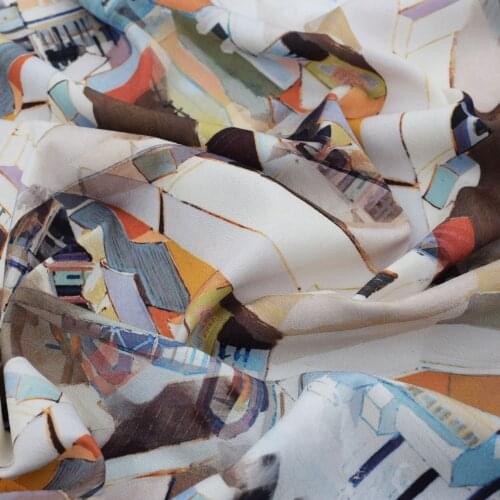 2018 fashion Graffiti house digital painting Herringbone stretch satin fabric for dress telas tecido tissus